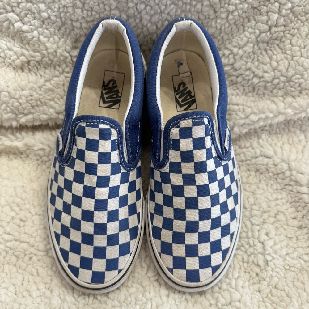 Vans Kids Blue and White Checkered Slip-On Sneakers